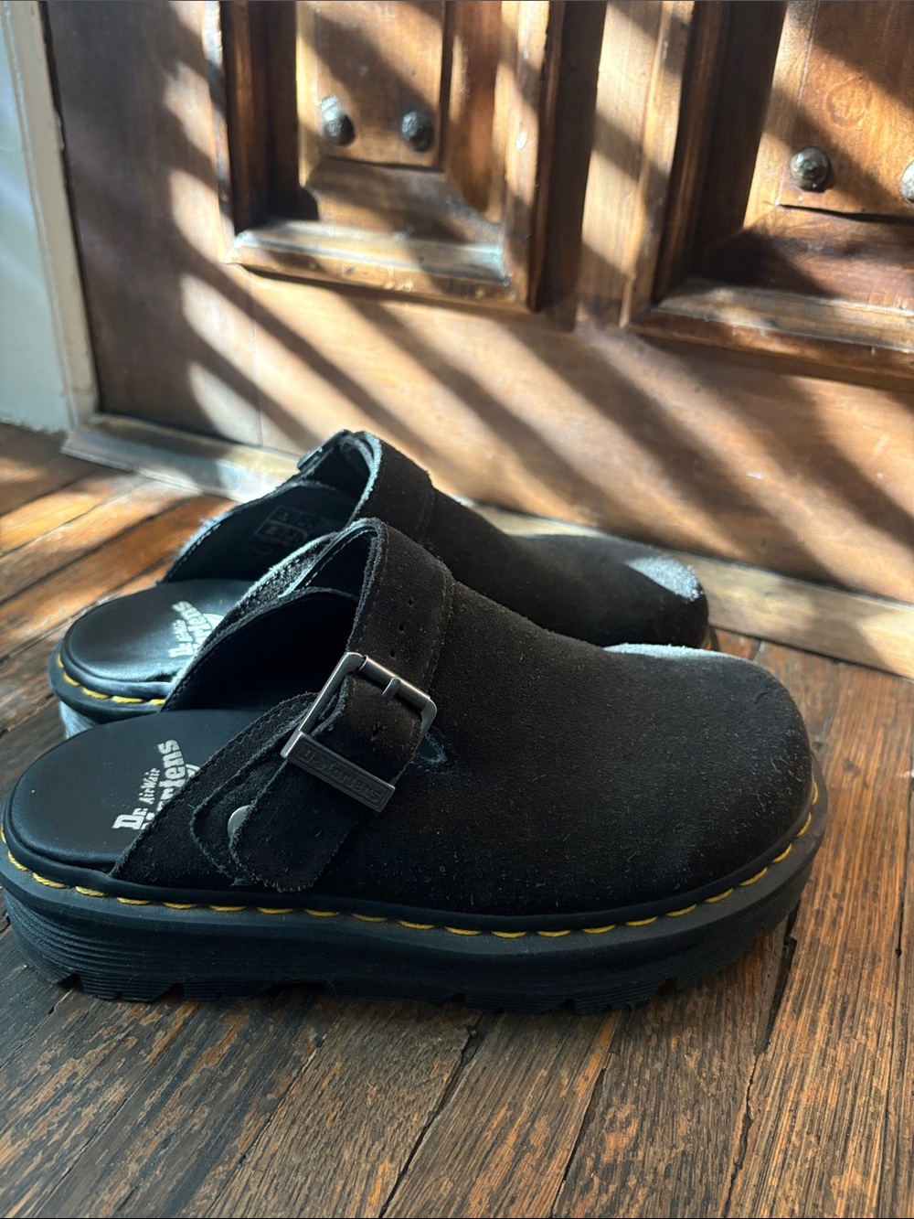 Dr. Martens Black Suede Buckle Clog Slip-On